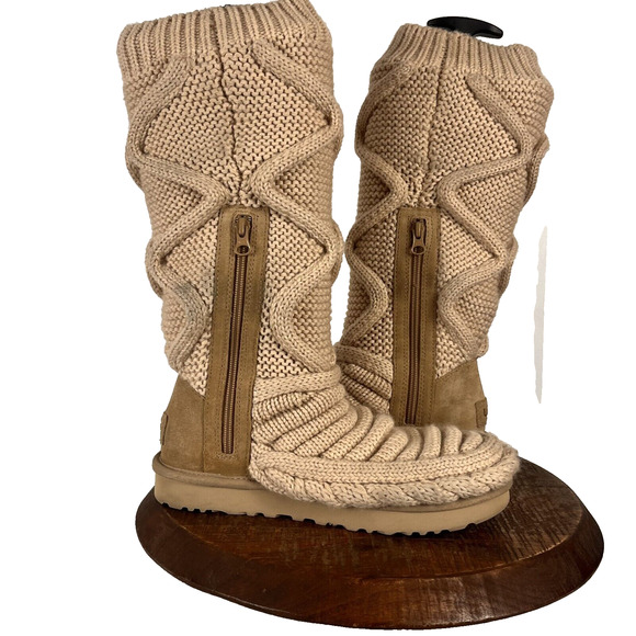 UGG Boots Womens 8 Cream Classic Tall Chunky Knit Wool Leather Breathable - Picture 6 of 16
